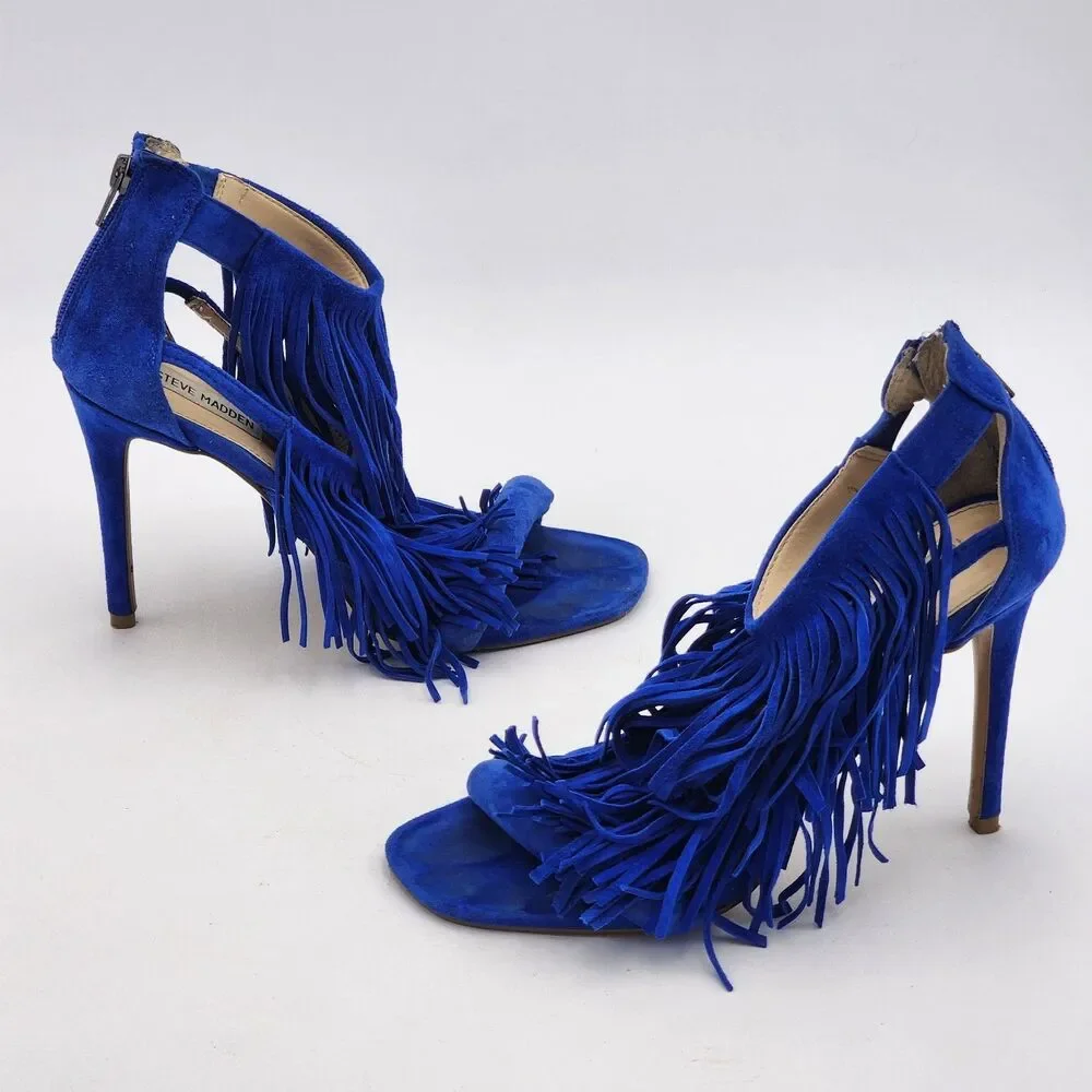 Steve Madden Fringly Funky Fringe Suede Pump Heels Boho Glam Royal Blue Size 9